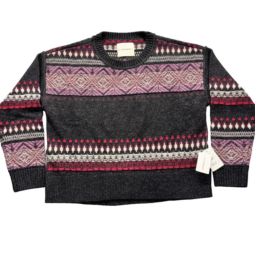 Lucky Brand Sweater Mens M Fair Isle Wool Blend Pullover Knit Pink Purple NEW
